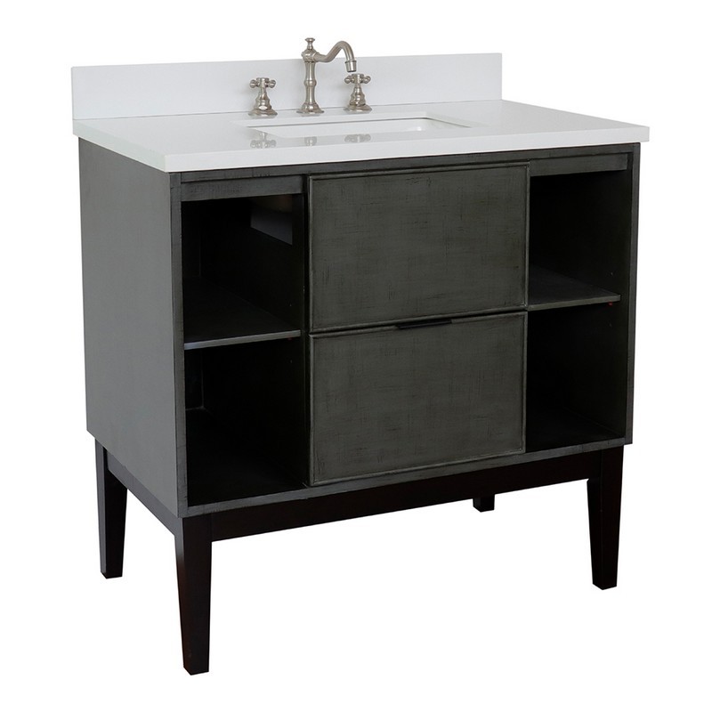 BELLATERRA 400502-LY-WER SCANDI 37 INCH SINGLE VANITY IN LINEN SAGE GRAY WITH WHITE QUARTZ TOP AND RECTANGLE SINK