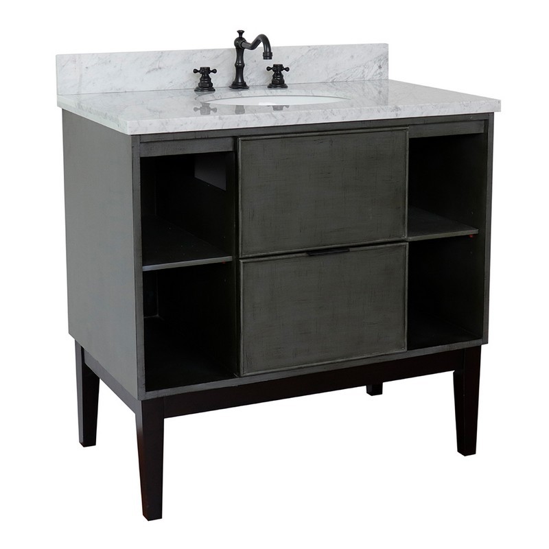 BELLATERRA 400502-LY-WMO SCANDI 37 INCH SINGLE VANITY IN LINEN SAGE GRAY WITH WHITE CARRARA TOP AND OVAL SINK