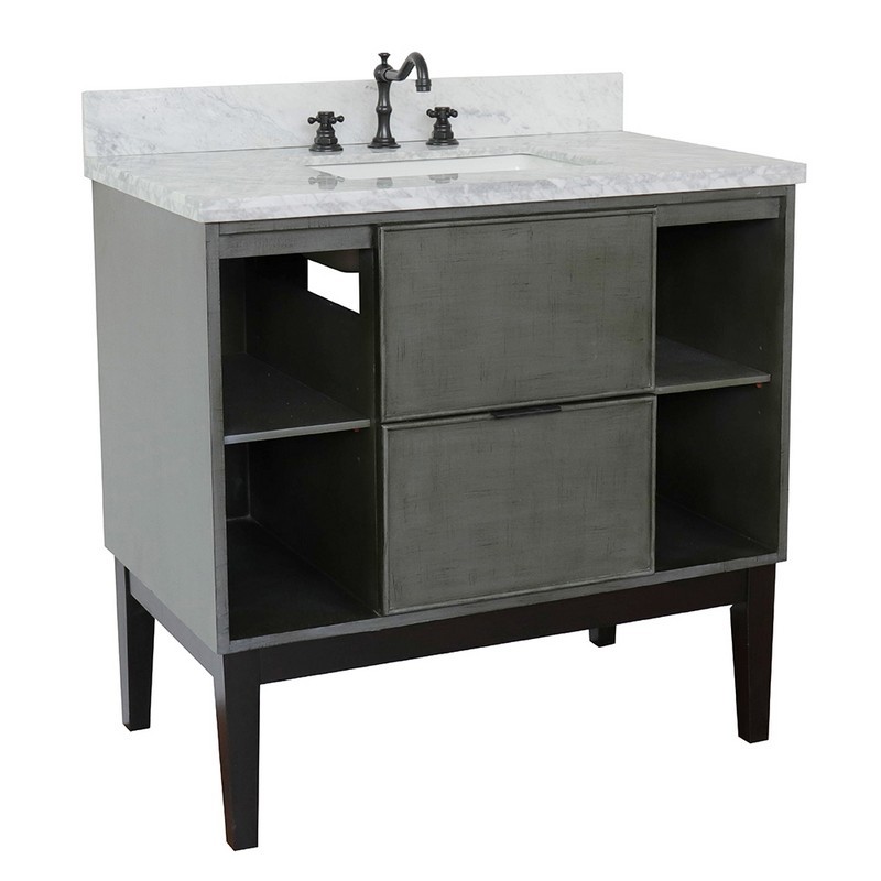 BELLATERRA 400502-LY-WMR SCANDI 37 INCH SINGLE VANITY IN LINEN SAGE GRAY WITH WHITE CARRARA TOP AND RECTANGLE SINK