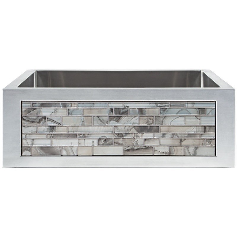 LINKASINK C071-30 SS PNL201 INSET APRON COLLECTION 30 INCH UNDERMOUNT FARM HOUSE STAINLESS STEEL KITCHEN SINK WITH METALIC AGATE GLASS TILES PANEL