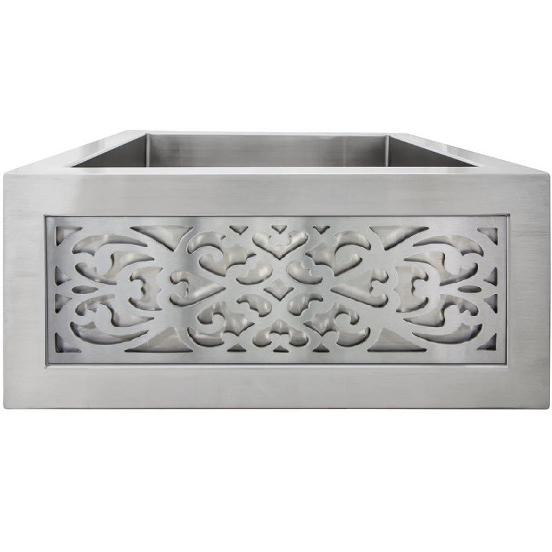 LINKASINK C073-1.5 SS PNLS105 INSET APRON COLLECTION 18 INCH APRON FRONT STAINLESS STEEL BAR SINK WITH SMALL FILIGREE PANEL