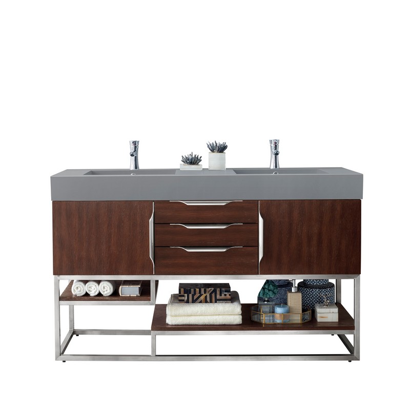 JAMES MARTIN 388-V59D-CFO-BN-DGG COLUMBIA 59 INCH DOUBLE VANITY IN COFFEE OAK WITH GLOSSY DARK GRAY SOLID SURFACE TOP