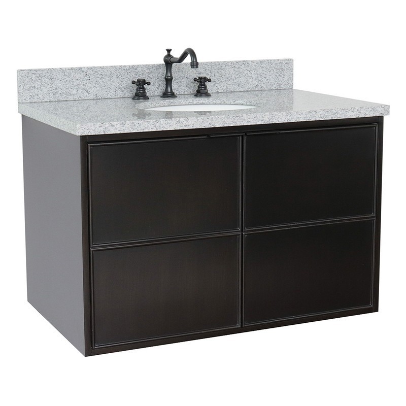 BELLATERRA 400503-CAB-CP-GYO SCANDI 37 INCH SINGLE WALL MOUNT VANITY IN CAPPUCCINO WITH GRAY GRANITE TOP AND OVAL SINK
