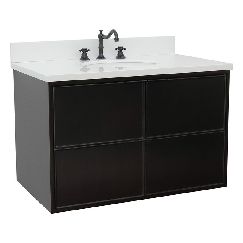 BELLATERRA 400503-CAB-CP-WEO SCANDI 37 INCH SINGLE WALL MOUNT VANITY IN CAPPUCCINO WITH WHITE QUARTZ TOP AND OVAL SINK