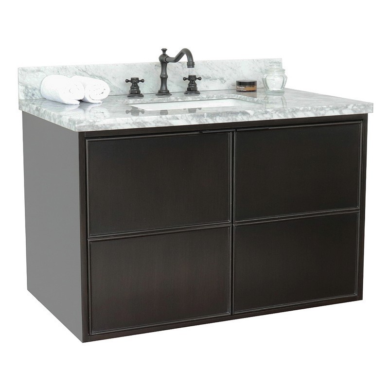 BELLATERRA 400503-CAB-CP-WMR SCANDI 37 INCH SINGLE WALL MOUNT VANITY IN CAPPUCCINO WITH WHITE CARRARA TOP AND RECTANGLE SINK