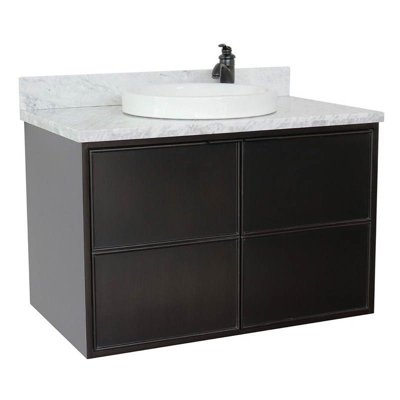BELLATERRA 400503-CAB-CP-WMRD SCANDI 37 INCH SINGLE WALL MOUNT VANITY IN CAPPUCCINO WITH WHITE CARRARA TOP AND ROUND SINK
