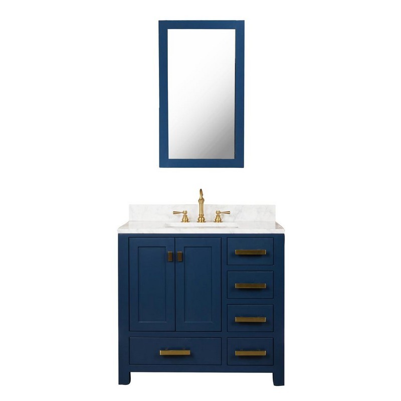 WATER-CREATION MS36CW06MB-R21000000 MADISON 36 INCH SINGLE SINK CARRARA WHITE MARBLE VANITY IN MONARCH BLUE WITH MATCHING MIRROR