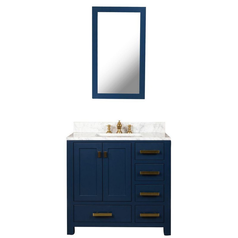 WATER-CREATION MS36CW06MB-000FX1306 MADISON 36 INCH SINGLE SINK CARRARA WHITE MARBLE VANITY IN MONARCH BLUE WITH LAVATORY FAUCET