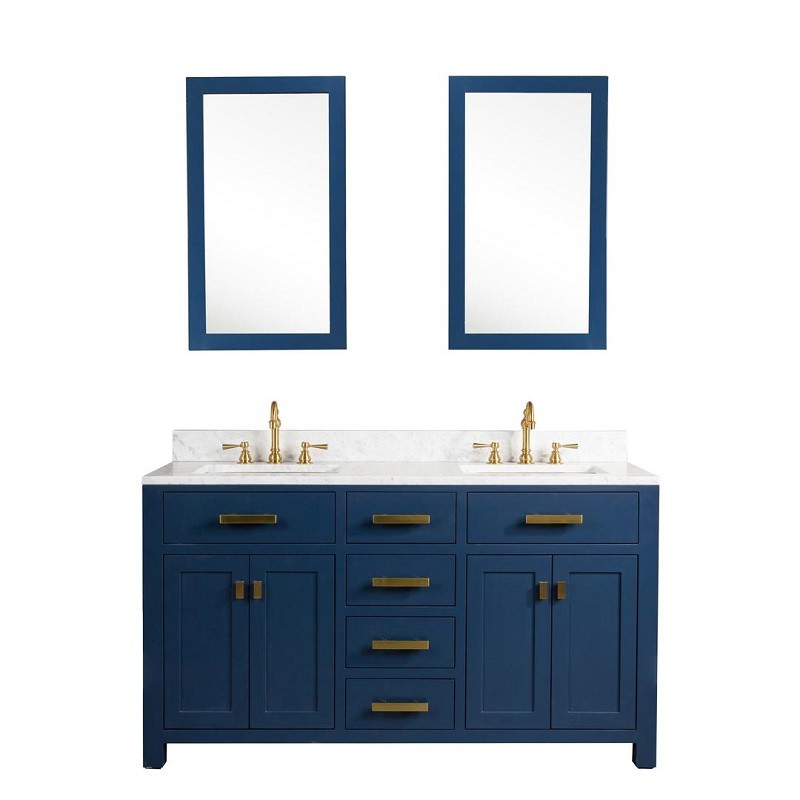 WATER-CREATION MS60CW06MB-R21TL1206 MADISON 60 INCH DOUBLE SINK CARRARA WHITE MARBLE VANITY IN MONARCH BLUE WITH MATCHING MIRRORS AND LAVATORY FAUCETS
