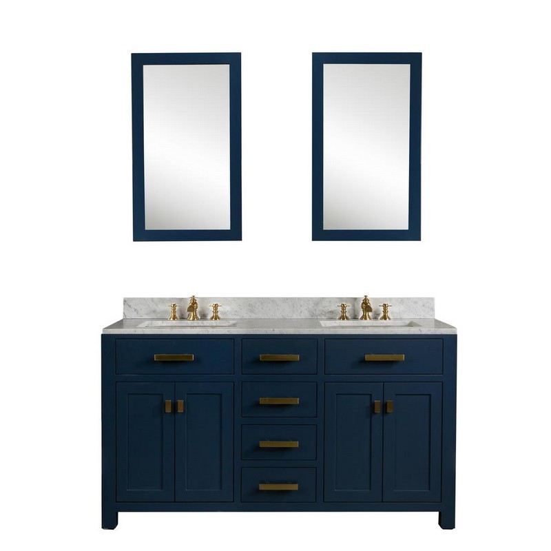 WATER-CREATION MS60CW06MB-R21FX1306 MADISON 60 INCH DOUBLE SINK CARRARA WHITE MARBLE VANITY IN MONARCH BLUE WITH 2 MATCHING MIRRORS AND 2 LAVATORY FAUCETS