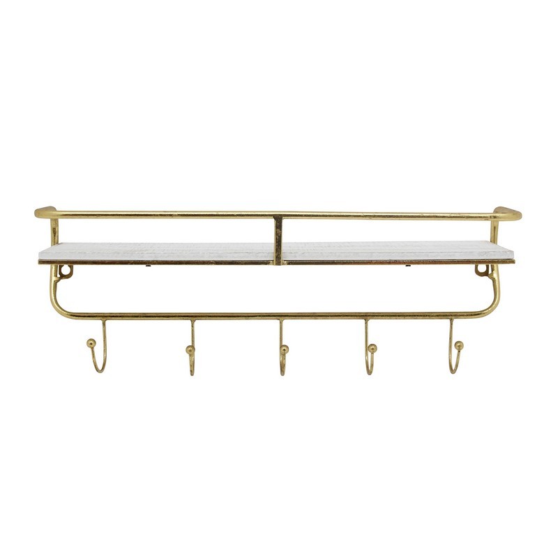 SAGEBROOK HOME 13880-04 METAL AND WOOD 5 HOOK WALL SHELF - WHITE AND GOLD