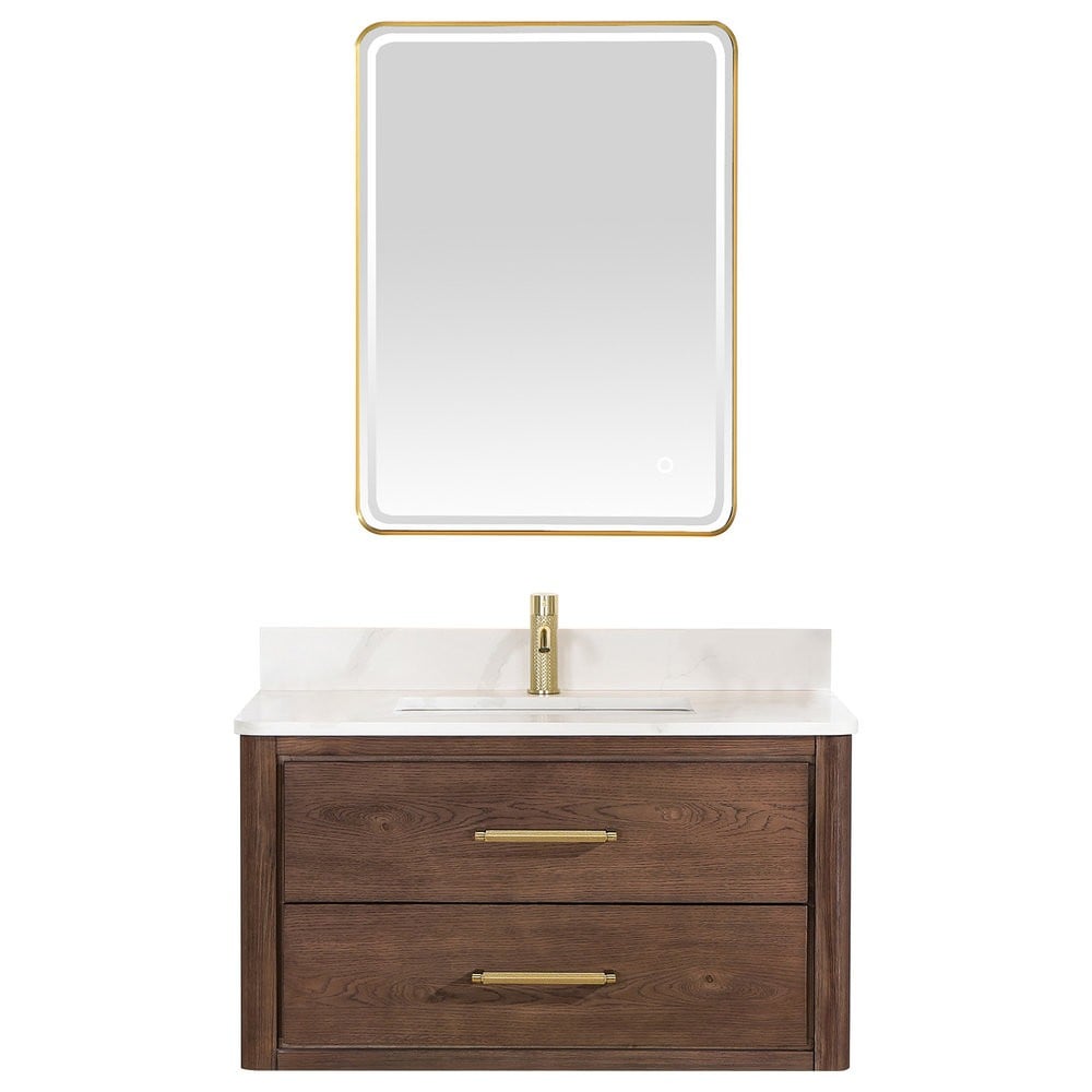 VINNOVA 706636-BK CRISTO 36 INCH FLOATING SINGLE BATHROOM VANITY WITH FISH MAW WHITE QUARTZ STONE TOP