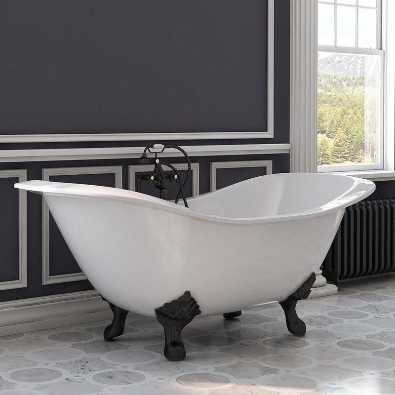 CAMBRIDGE PLUMBING DES-DH-ORB-CB CAST IRON DOUBLE ENDED SLIPPER TUB 71 X 30 INCH WITH 7 INCH DECK MOUNT FAUCET DRILLINGS AND OIL RUBBED BRONZE FEET