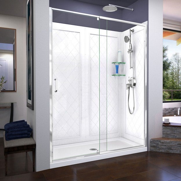 DREAMLINE DL-6228 FLEX 32 D X 60 W X 76 3/4 H INCH SEMI-FRAMELESS SHOWER DOOR WITH DRAIN BASE AND BACKWALLS