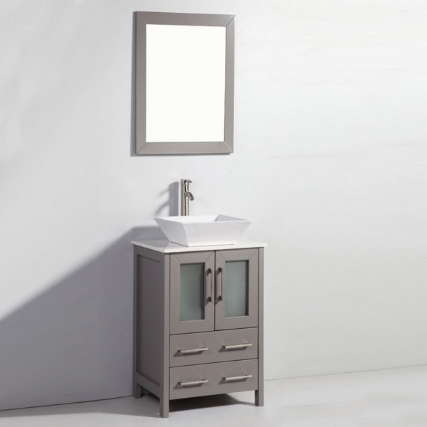 LEGION FURNITURE WA7824LG 24 INCH SOLID WOOD VANITY SET WITH MIRROR IN LIGHT GRAY, NO FAUCET