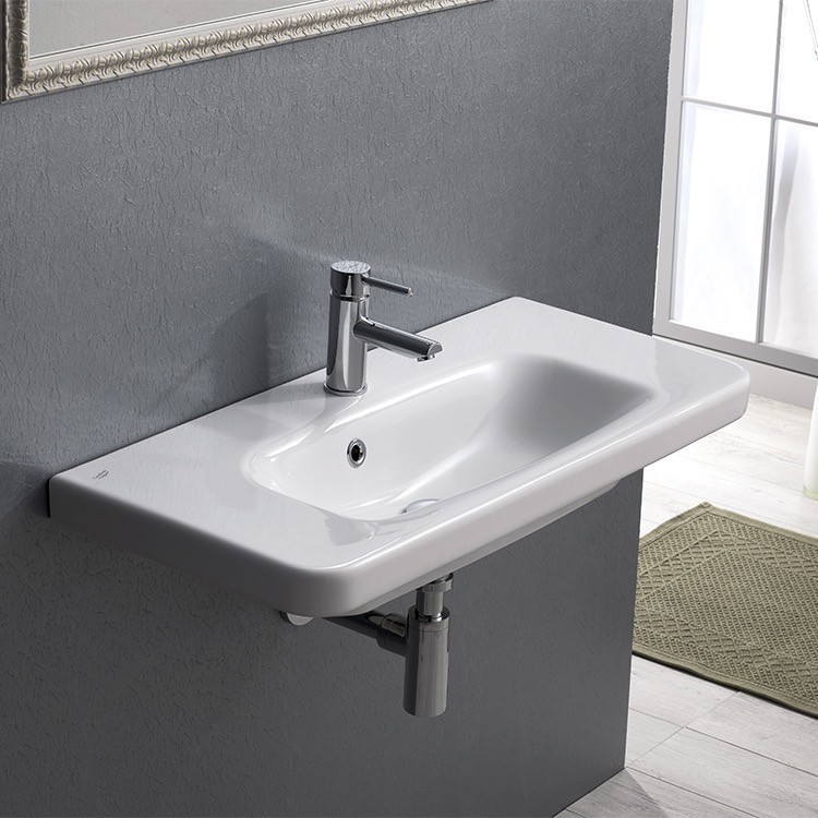 CERASTYLE 033300-U-ONE HOLE NOURA PLUS 32 INCH RECTANGLE WHITE CERAMIC WALL MOUNTED SINK OR SELF RIMMING SINK