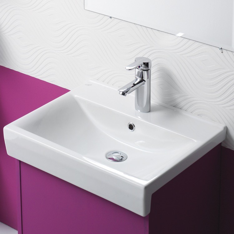 CERASTYLE 063500-U-ONE HOLE RIVA B 22 INCH RECTANGLE WHITE CERAMIC WALL MOUNTED OR SELF RIMMING SINK