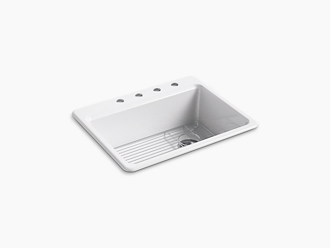 KOHLER K-8668-4A1 RIVERBY 27 INCH SINGLE BASIN CAST IRON KITCHEN SINK FOR DROP IN INSTALLATIONS - BASIN RACK INCLUDED