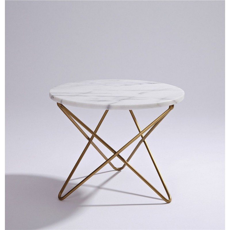 GFURN WJC18507-WHITESTD MANON 17 3/4 INCH ROUND MARBLE COFFEE OR SIDE TABLE - WHITE AND GOLD