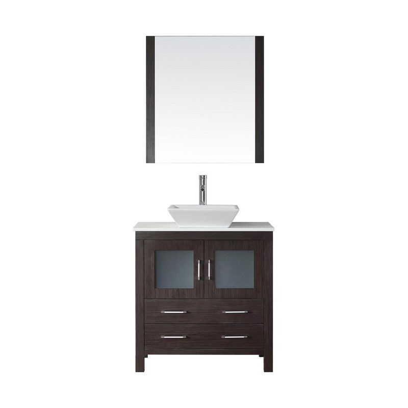 VIRTU USA KS-70032-S DIOR 32 INCH SINGLE BATH VANITY WITH WHITE ENGINEERED STONE TOP AND SQUARE SINK WITH POLISHED CHROME FAUCET AND MIRROR