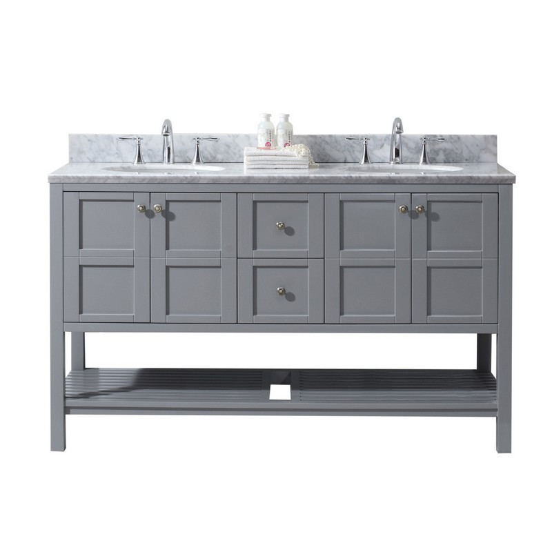 VIRTU USA ED-30060-WMRO-GR-00-NM WINTERFELL 60 INCH DOUBLE BATH VANITY IN GREY WITH MARBLE TOP AND ROUND SINK WITH FAUCET