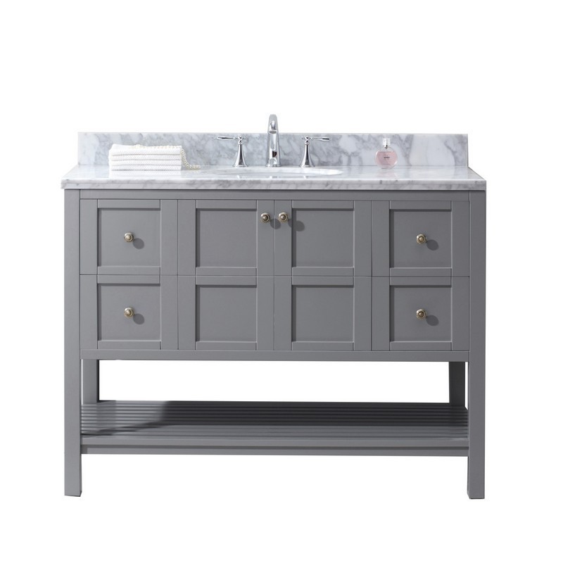 VIRTU USA ES-30048-WMRO-GR-00 WINTERFELL 48 INCH SINGLE BATH VANITY IN GREY WITH MARBLE TOP AND ROUND SINK WITH FAUCET AND MIRROR