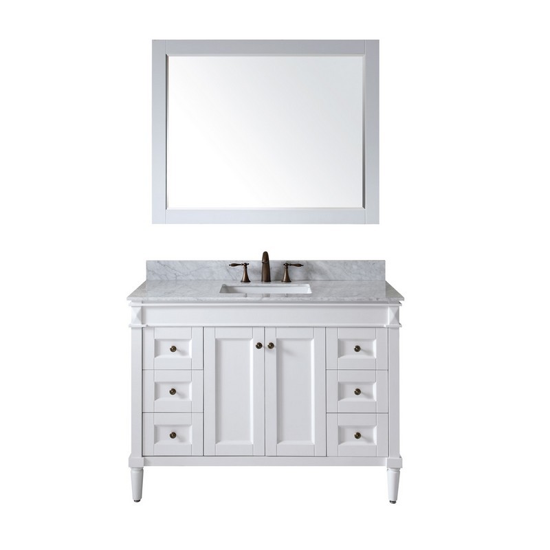 VIRTU USA ES-40048-WMSQ-WH-00 TIFFANY 48 INCH SINGLE BATH VANITY IN WHITE WITH MARBLE TOP AND SQUARE SINK WITH FAUCET AND MIRROR