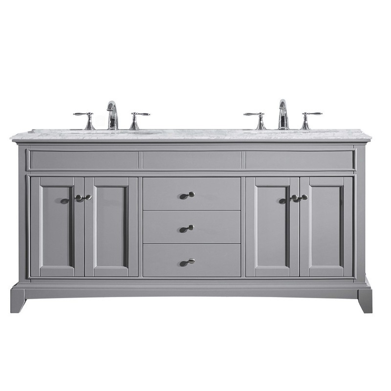 EVIVA EVVN709-72GR ELITE STAMFORD 72 INCH GRAY SOLID WOOD BATHROOM VANITY SET WITH DOUBLE OG WHITE CARRERA MARBLE TOP AND WHITE UNDERMOUNT PORCELAIN SINKS