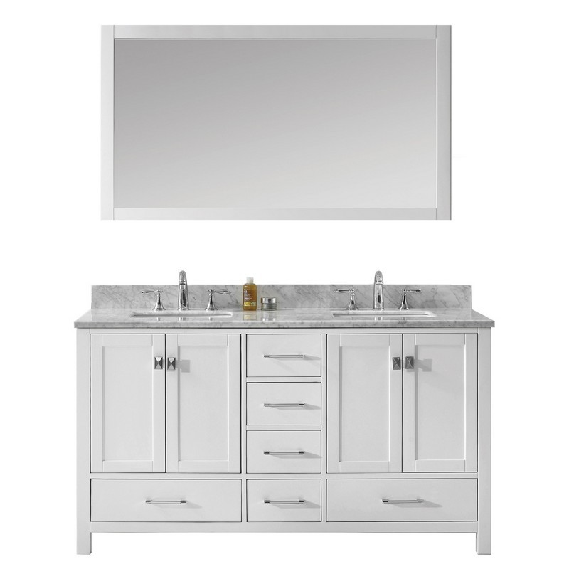 VIRTU USA GD-50060-WMSQ-WH-00 CAROLINE AVENUE 60 INCH DOUBLE BATH VANITY IN WHITE WITH MARBLE TOP AND SQUARE SINK WITH FAUCET AND MIRROR