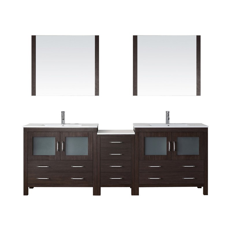 VIRTU USA KD-70090-C-001 DIOR 90 INCH DOUBLE BATH VANITY WITH SLIM WHITE CERAMIC TOP AND SQUARE SINK WITH BRUSHED NICKEL FAUCET AND MIRRORS