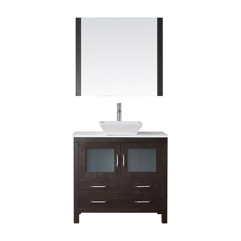 VIRTU USA KS-70036-S-001 DIOR 36 INCH SINGLE BATH VANITY WITH WHITE ENGINEERED STONE TOP AND SQUARE SINK WITH BRUSHED NICKEL FAUCET AND MIRROR