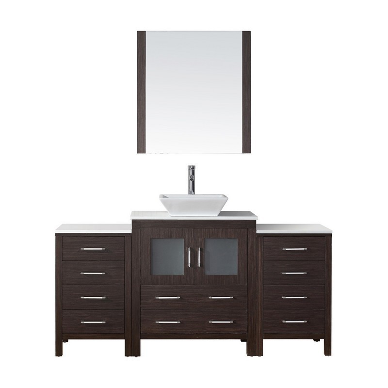 VIRTU USA KS-70066-S-001 DIOR 66 INCH SINGLE BATH VANITY WITH WHITE ENGINEERED STONE TOP AND SQUARE SINK WITH BRUSHED NICKEL FAUCET AND MIRROR