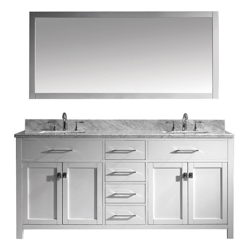 VIRTU USA MD-2072-WMSQ-WH-00 CAROLINE 72 INCH DOUBLE BATH VANITY IN WHITE WITH MARBLE TOP AND SQUARE SINK WITH FAUCET AND MIRROR