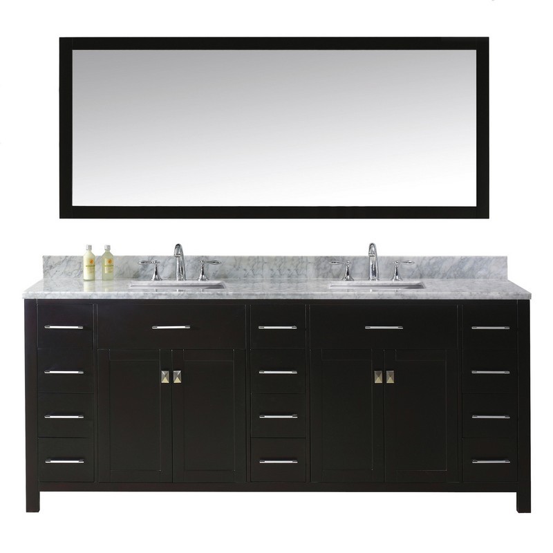 VIRTU USA MD-2178-WMSQ-ES-00 CAROLINE PARKWAY 78 INCH DOUBLE BATH VANITY IN ESPRESSO WITH MARBLE TOP AND SQUARE SINK WITH FAUCET AND MIRROR