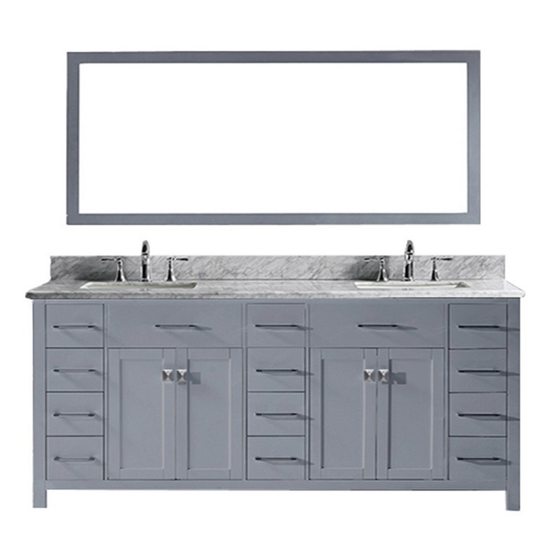 VIRTU USA MD-2178-WMSQ-GR-00 CAROLINE PARKWAY 78 INCH DOUBLE BATH VANITY IN GREY WITH MARBLE TOP AND SQUARE SINK WITH FAUCET AND MIRROR