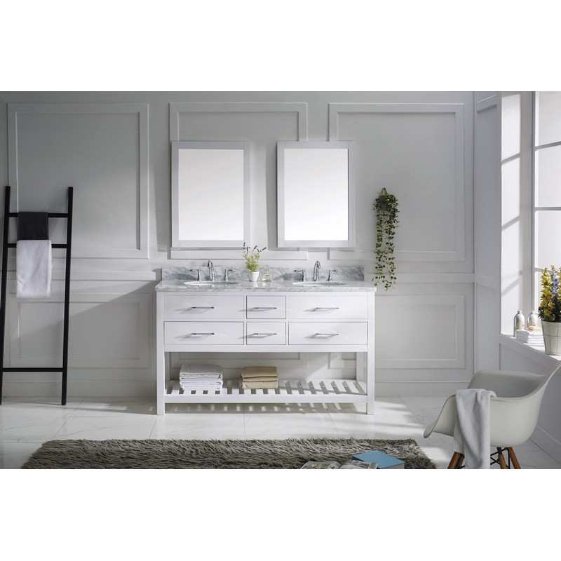 VIRTU USA MD-2260-WMRO-WH-01 CAROLINE ESTATE 60 INCH DOUBLE BATH VANITY IN WHITE WITH MARBLE TOP AND ROUND SINK WITH FAUCET AND MIRROR
