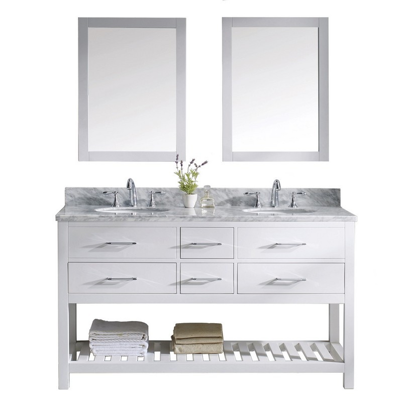VIRTU USA MD-2260-WMRO-WH-00 CAROLINE ESTATE 60 INCH DOUBLE BATH VANITY IN WHITE WITH MARBLE TOP AND ROUND SINK WITH FAUCET AND MIRRORS