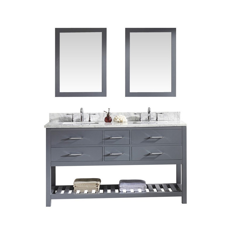 VIRTU USA MD-2260-WMSQ-GR-00 CAROLINE ESTATE 60 INCH DOUBLE BATH VANITY IN GREY WITH MARBLE TOP AND SQUARE SINK WITH FAUCET AND MIRRORS