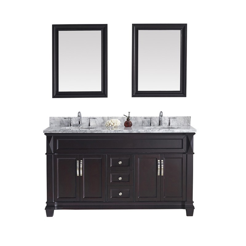 VIRTU USA MD-2660-WMRO-ES-00 VICTORIA 60 INCH DOUBLE BATH VANITY IN ESPRESSO WITH MARBLE TOP AND ROUND SINK WITH FAUCET AND MIRRORS