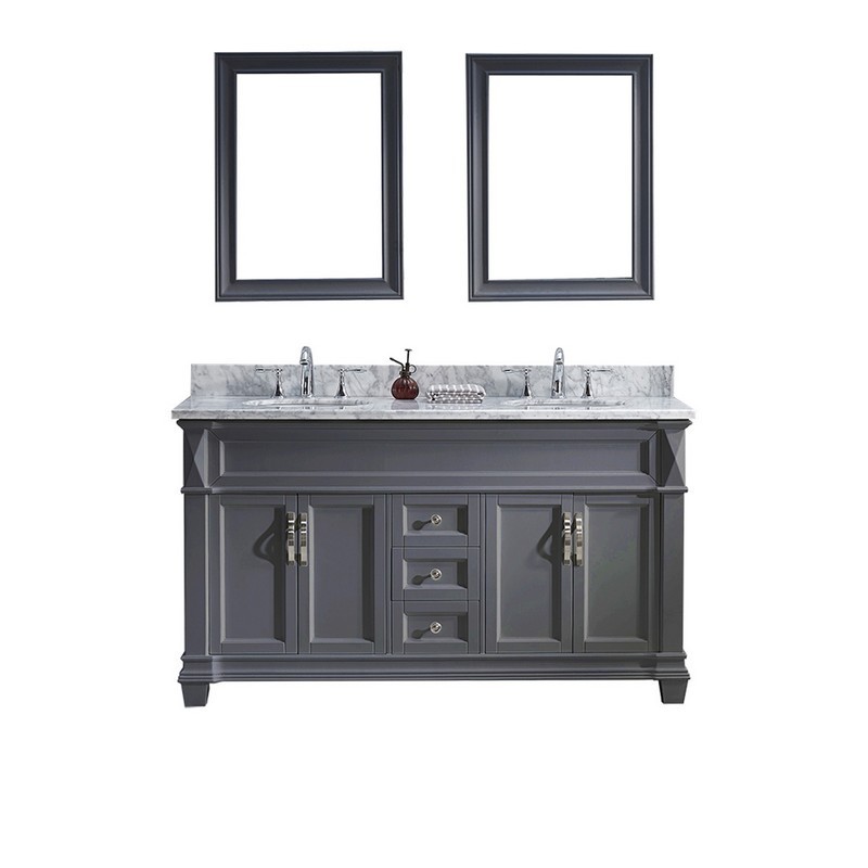VIRTU USA MD-2660-WMRO-GR-00 VICTORIA 60 INCH DOUBLE BATH VANITY IN GREY WITH MARBLE TOP AND ROUND SINK WITH FAUCET AND MIRRORS