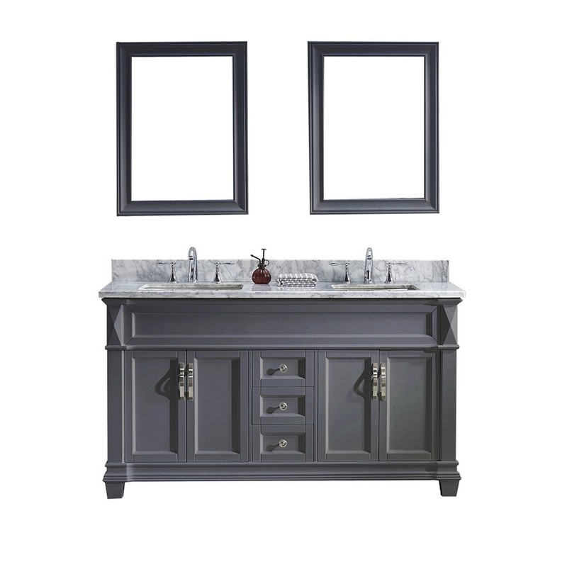 VIRTU USA MD-2660-WMSQ-GR-00 VICTORIA 60 INCH DOUBLE BATH VANITY IN GREY WITH MARBLE TOP AND SQUARE SINK WITH FAUCET AND MIRRORS