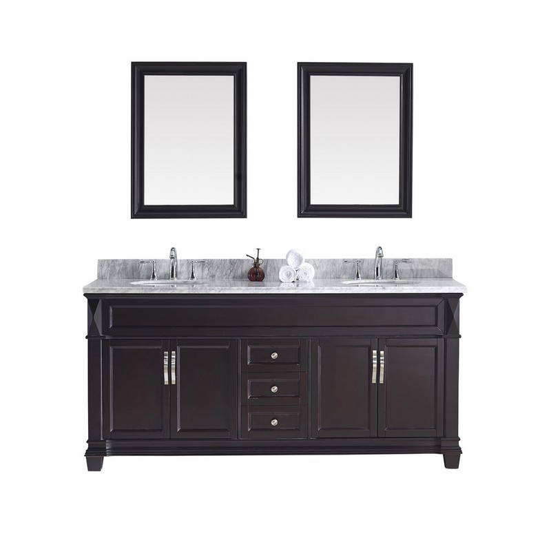 VIRTU USA MD-2672-WMRO-ES-00 VICTORIA 72 INCH DOUBLE BATH VANITY IN ESPRESSO WITH MARBLE TOP AND ROUND SINK WITH FAUCET AND MIRRORS