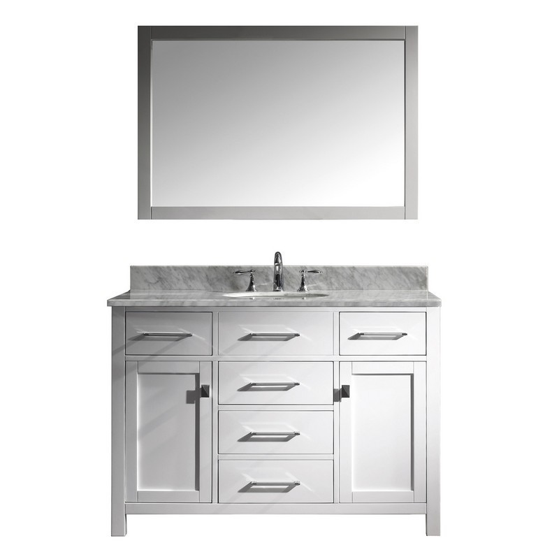 VIRTU USA MS-2048-WMRO-WH-00 CAROLINE 48 INCH SINGLE BATH VANITY IN WHITE WITH MARBLE TOP AND ROUND SINK WITH FAUCET AND MIRROR