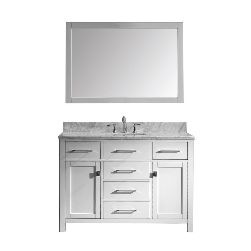 VIRTU USA MS-2048-WMSQ-WH-00 CAROLINE 48 INCH SINGLE BATH VANITY IN WHITE WITH MARBLE TOP AND SQUARE SINK WITH FAUCET AND MIRROR