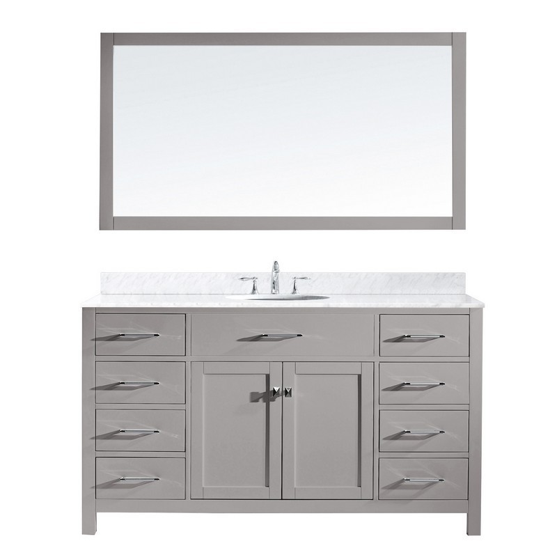 VIRTU USA MS-2060-WMRO-CG-00 CAROLINE 60 INCH SINGLE BATH VANITY IN CASHMERE GREY WITH MARBLE TOP AND ROUND SINK WITH FAUCET AND MIRROR