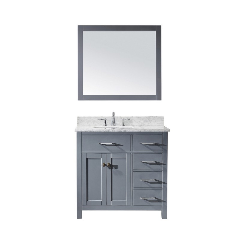 VIRTU USA MS-2136R-WMSQ-GR-00 CAROLINE PARKWAY 36 INCH SINGLE BATH VANITY IN GREY WITH MARBLE TOP AND SQUARE SINK WITH FAUCET AND MIRROR