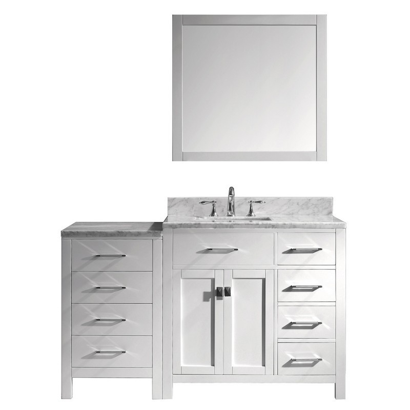 VIRTU USA MS-2157R-WMSQ-WH-00 CAROLINE PARKWAY 57 INCH SINGLE BATH VANITY IN WHITE WITH MARBLE TOP AND SQUARE SINK WITH FAUCET AND MIRROR