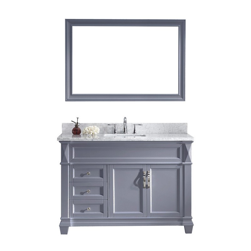 VIRTU USA MS-2648-WMSQ-GR-00 VICTORIA 48 INCH SINGLE BATH VANITY IN GREY WITH MARBLE TOP AND SQUARE SINK WITH FAUCET AND MIRROR