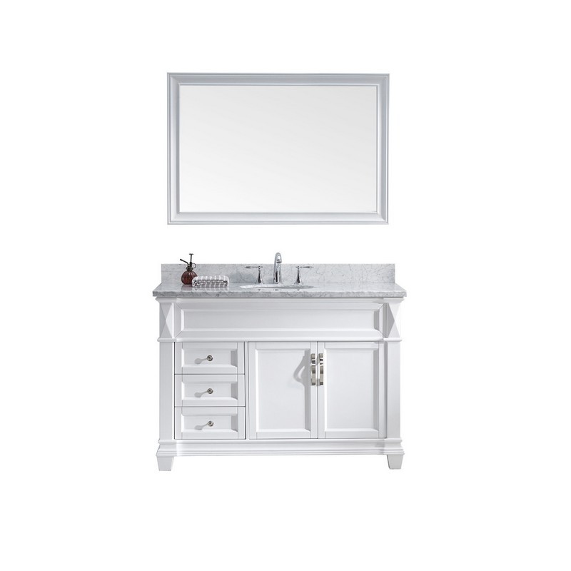 VIRTU USA MS-2648-WMSQ-WH-00 VICTORIA 48 INCH SINGLE BATH VANITY IN WHITE WITH MARBLE TOP AND SQUARE SINK WITH FAUCET AND MIRROR