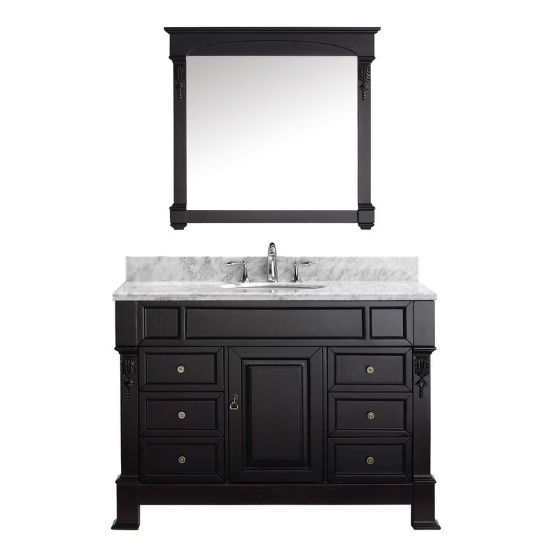 VIRTU USA MS-2948-WMRO-DW-00 HUNTSHIRE MANOR 48 INCH SINGLE BATH VANITY IN DARK WALNUT WITH MARBLE TOP AND ROUND SINK WITH FAUCET AND MIRROR
